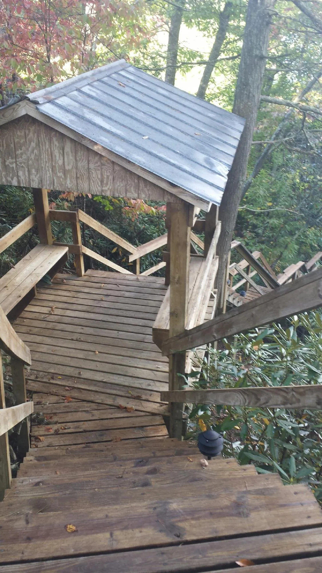 Metal roofed shelter over wooden steps on a wooded walkway — Skylight Repair & Installation work by our crew in Mc Veytown
